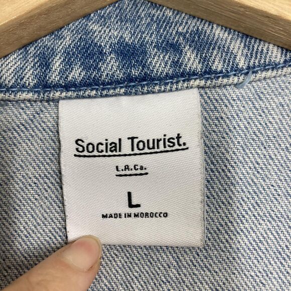 Social Tourist Jacket Large Distressed Denim Trucker Los Angeles California - Picture 12 of 16